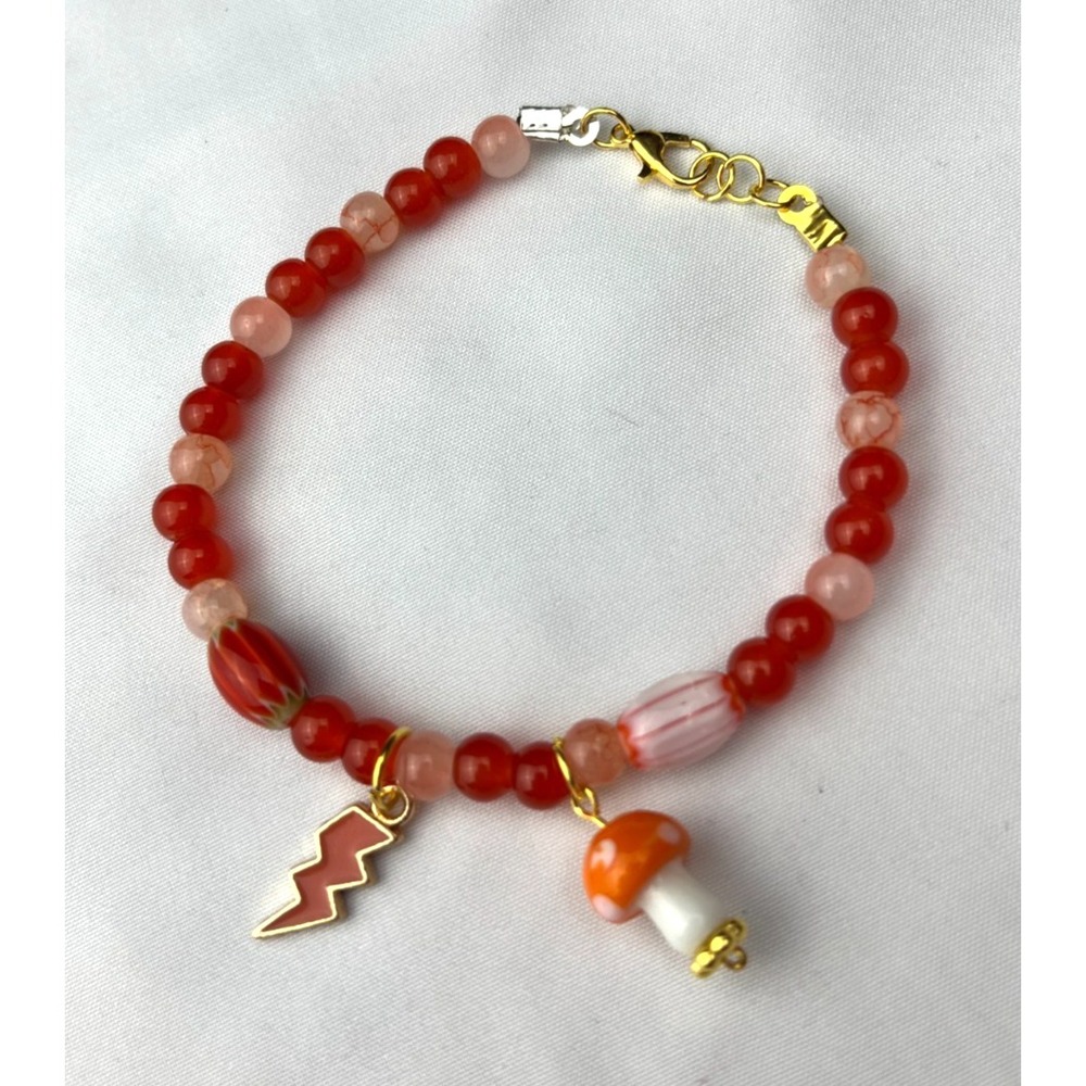 Handmade Beaded Bracelet Mushroom Charm Orange Glass Bead Forestcore Cottagecore